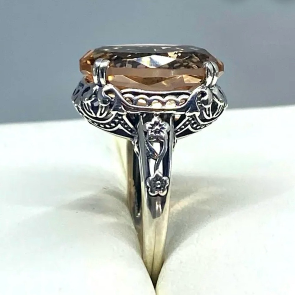 Peach Topaz Edwardian Revival Silver Toned Ring Coquette Bauble